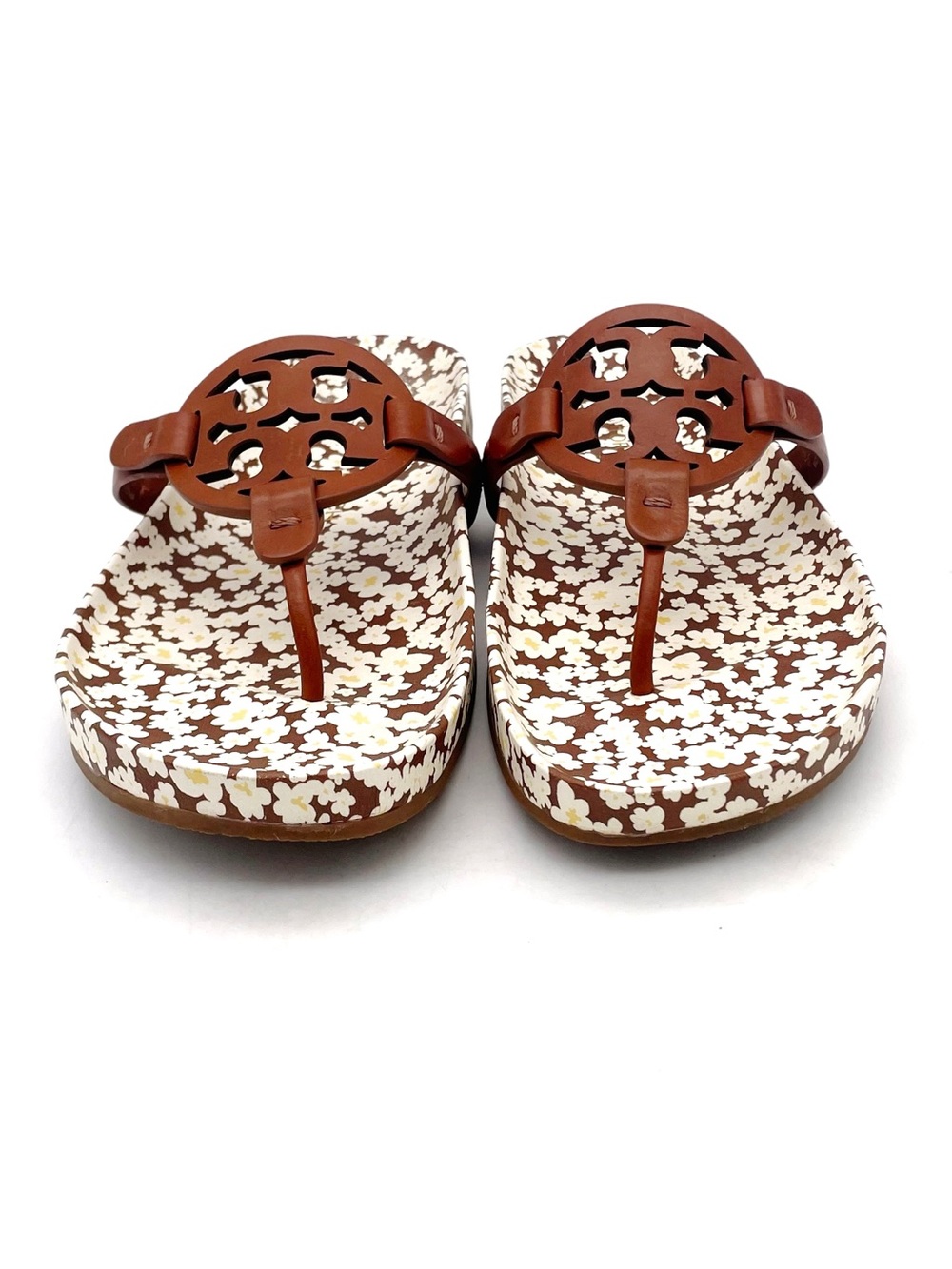 Tory Burch Miller Cloud Sandals Sz 8.5 Brown Floral Logo Leather Flip Flop Slide - Picture 9 of 16